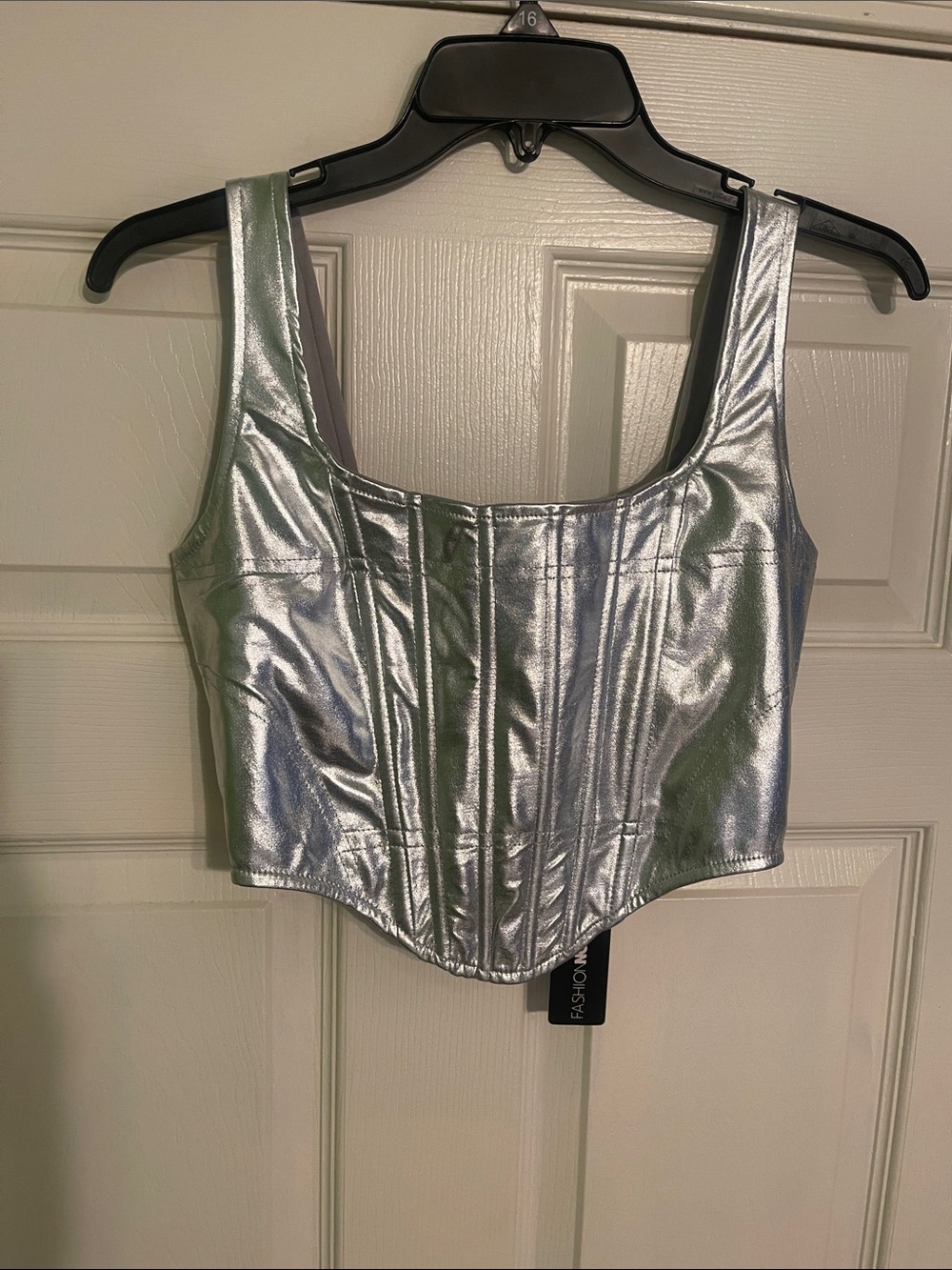 Fashion Nova Silver Metallic Corset-Style Crop Top